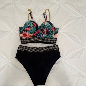 Floral Print 2 Piece Bikini Sets, Metal Chain Linked Straps High Waist